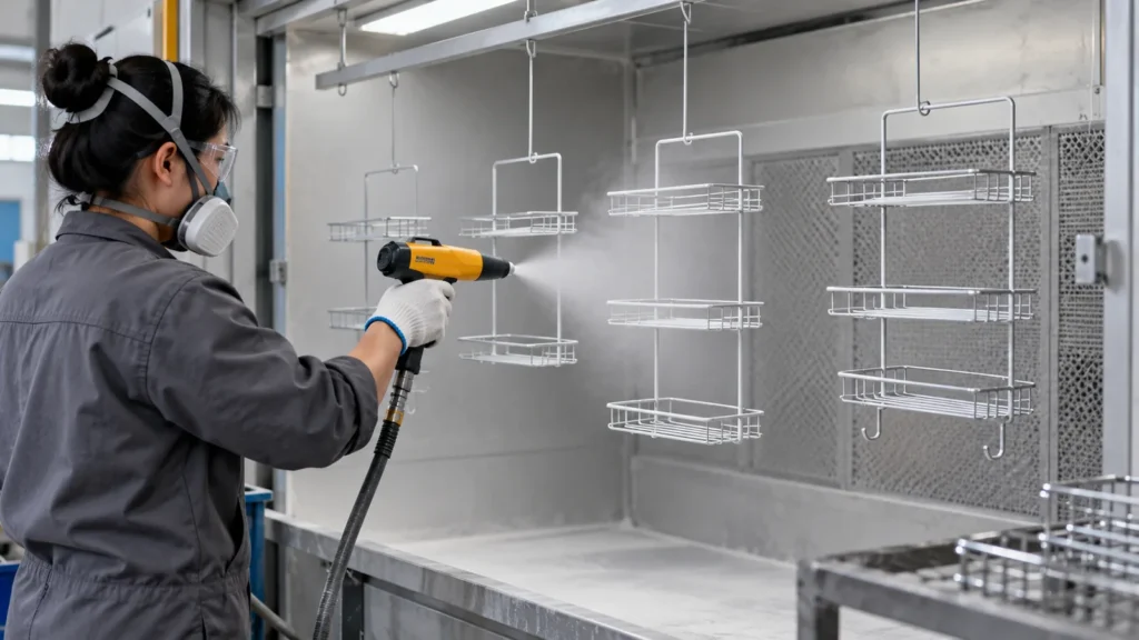Powder-Gun Nozzle Wear and Coverage on Bathroom Shelves: metal hardware sourcing scene