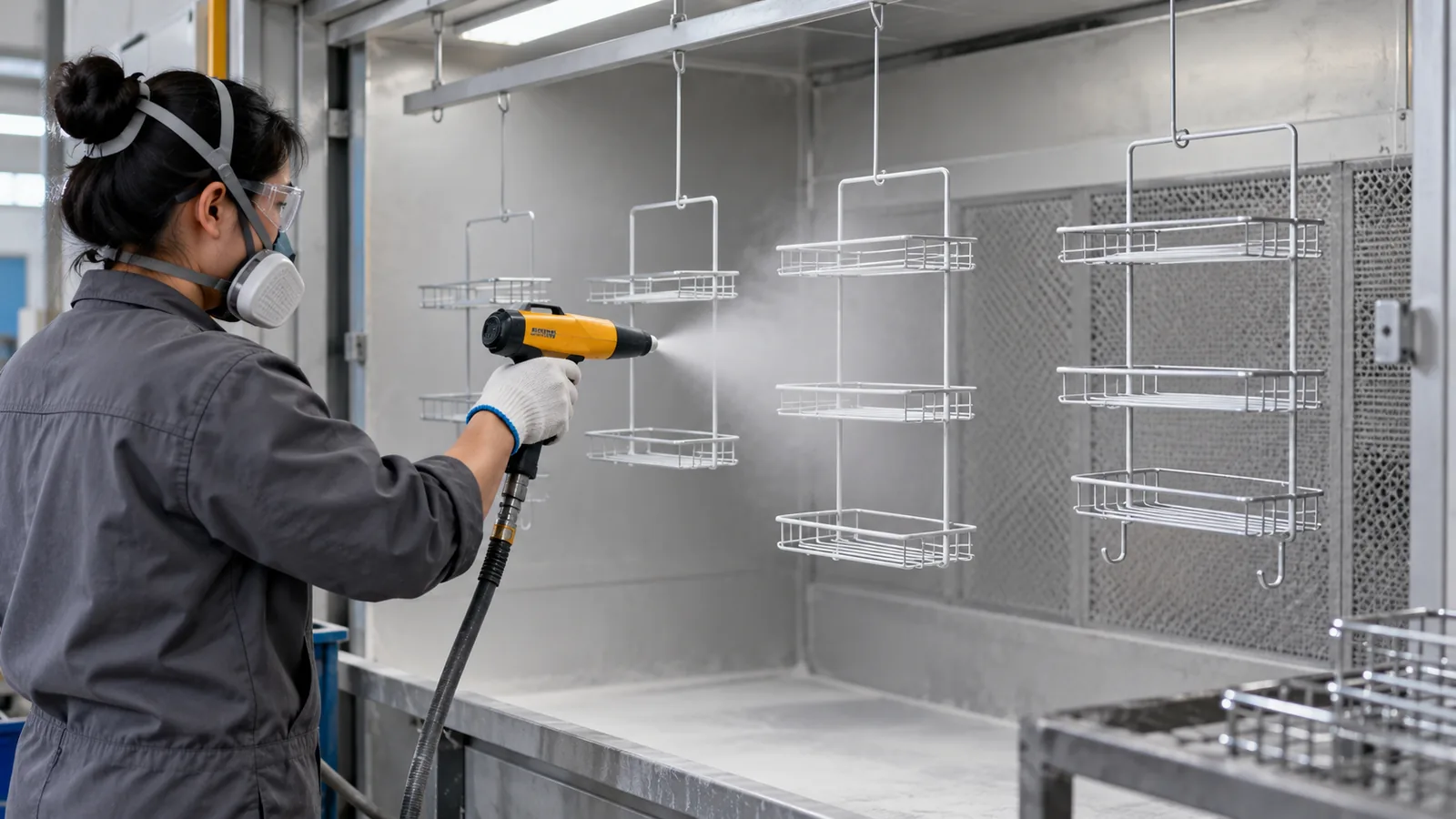 Powder-Gun Nozzle Wear and Coverage on Bathroom Shelves: metal hardware sourcing scene