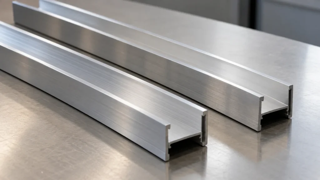 K628 anodizing rack marks on aluminum storage rails conceptual metal hardware component on an inspection table.