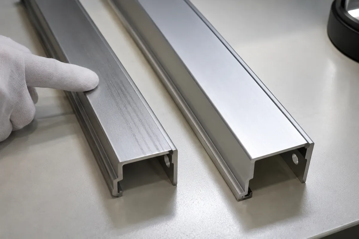 K628 anodizing rack marks on aluminum storage rails buyer sample review scene.