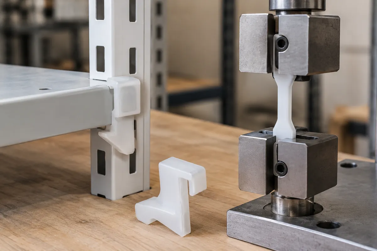K630 tensile vs flexural modulus in plastic shelf-clip specifications process or interface detail for a buyer.