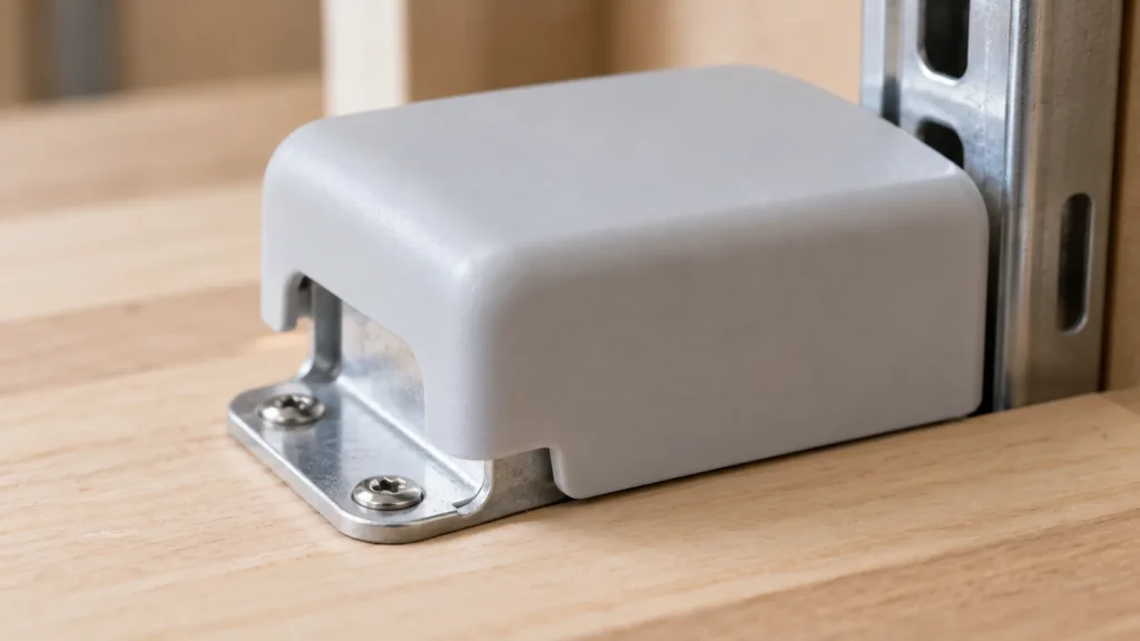 K631 thermal expansion of plastic covers on metal mounting bases conceptual metal hardware component on an inspection table.