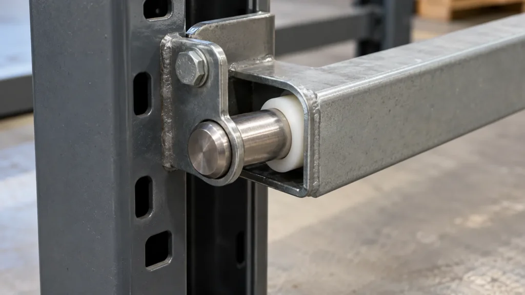 K635 shaft roughness for dry polymer pivots in storage hardware conceptual metal hardware component on an inspection table.