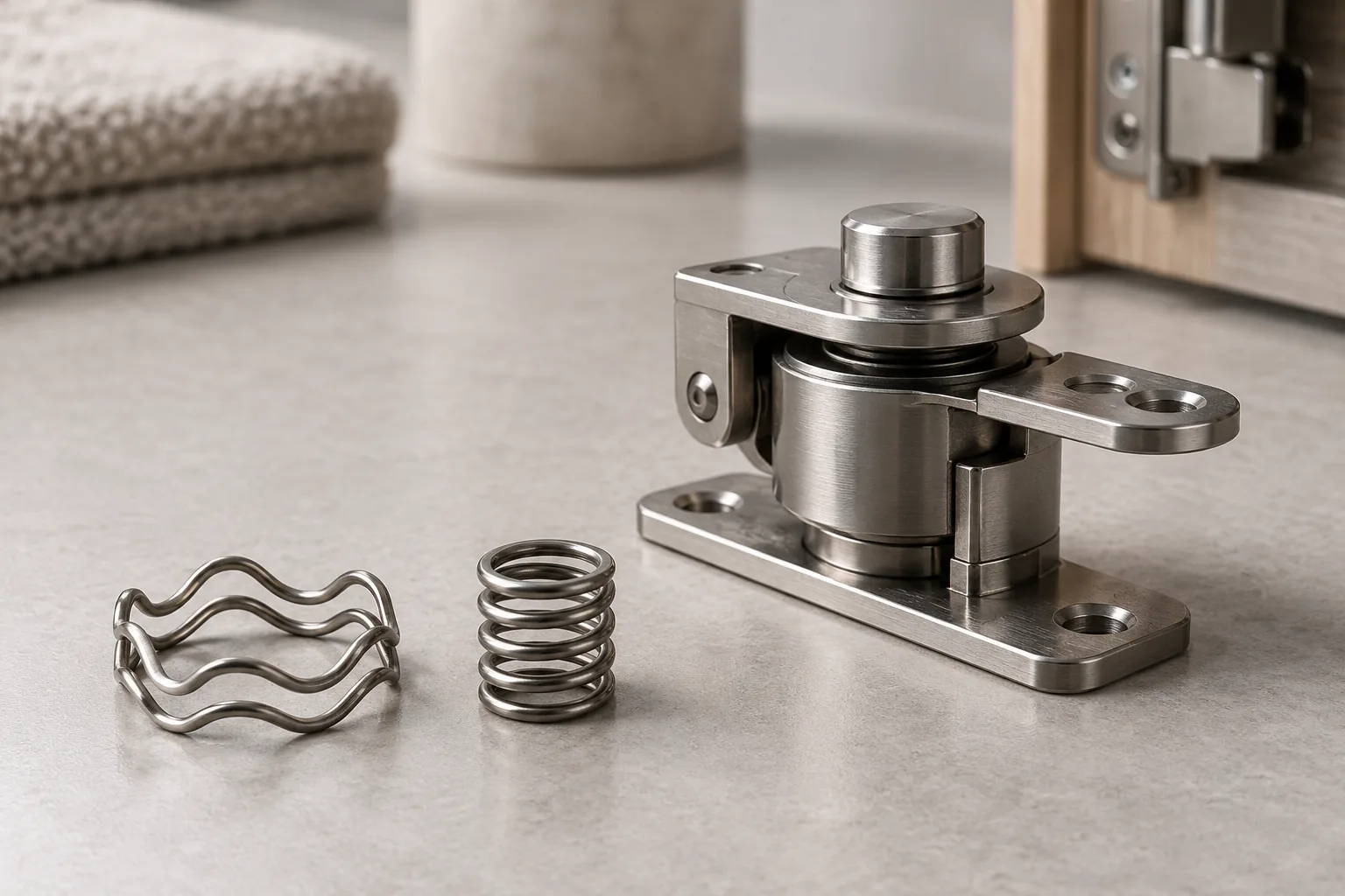 K638 wave vs coil springs for compact storage mechanisms conceptual metal hardware component on an inspection table.