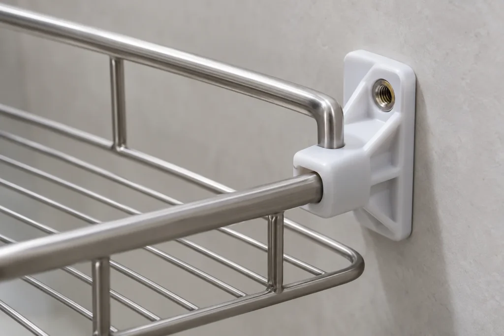 K641 screw bottoming and insert jack-out in plastic hardware brackets conceptual metal hardware component on an inspection table.