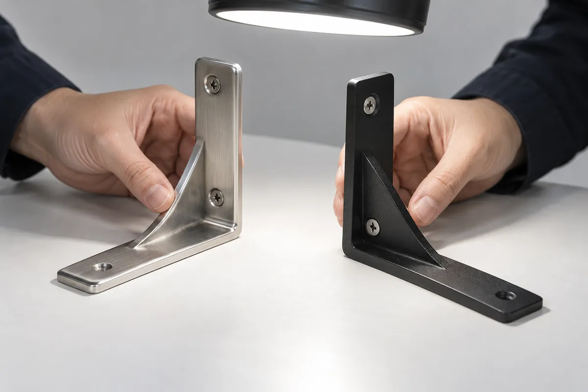 K644 countersunk screw-head angle mismatch in shelf brackets buyer sample review scene.