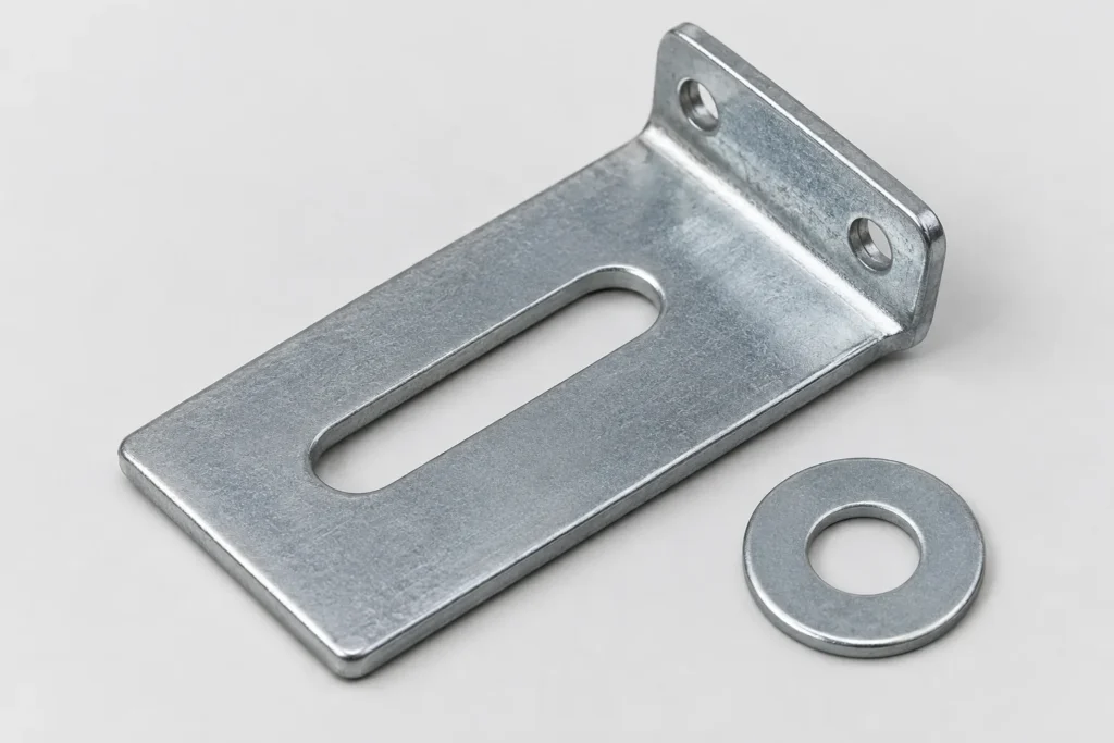 K645 washers across slotted mounting holes: coverage and support conceptual metal hardware component on an inspection table.