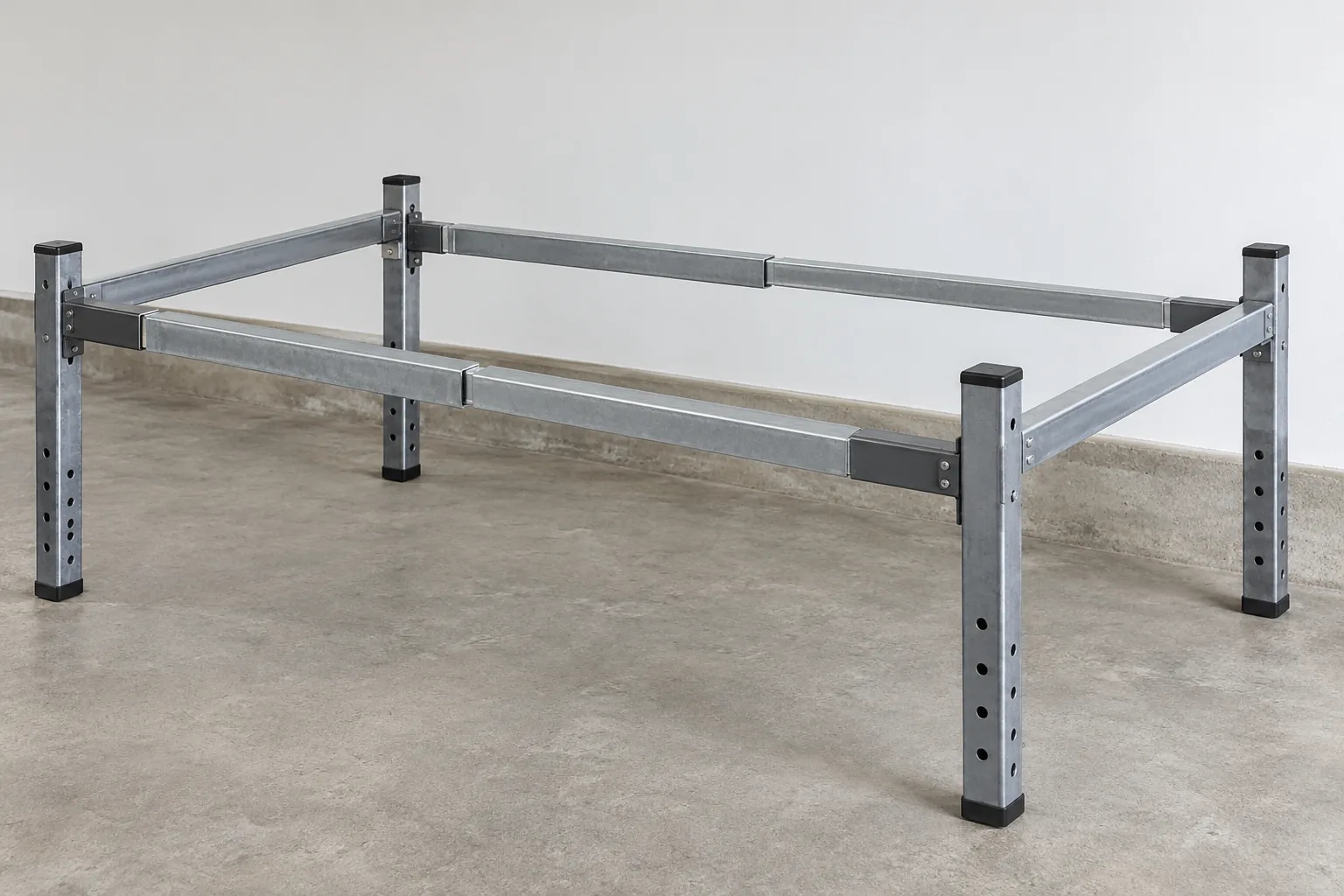 K646 square-tube corner radius and telescoping fit in storage frames conceptual metal hardware component on an inspection table.