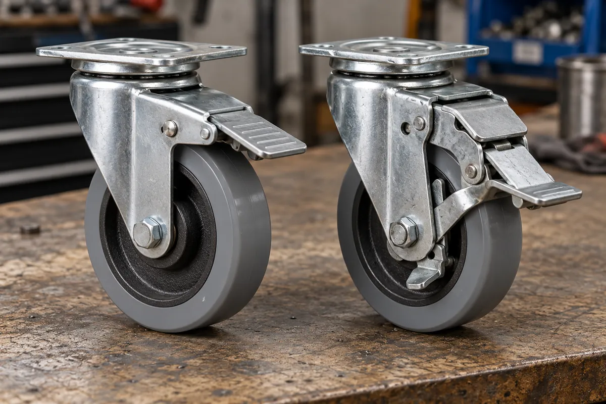 Close-up comparison of wheel-only brake and total-lock caster pedal assemblies.