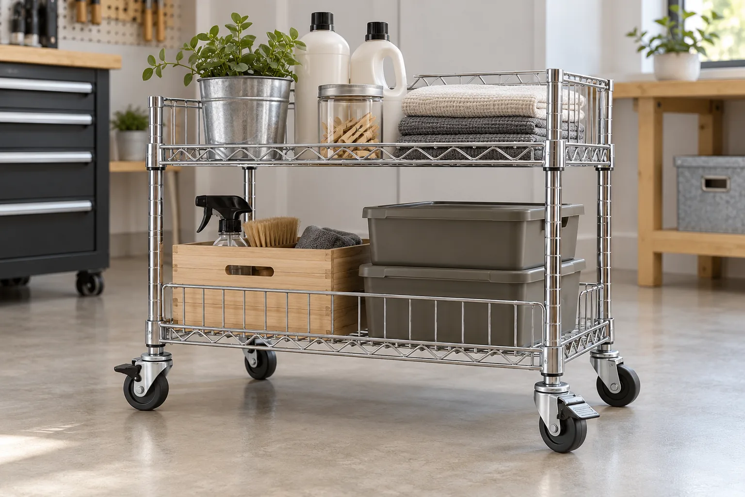 Mobile wire storage rack showing wheel-brake and total-lock caster pedal locations.