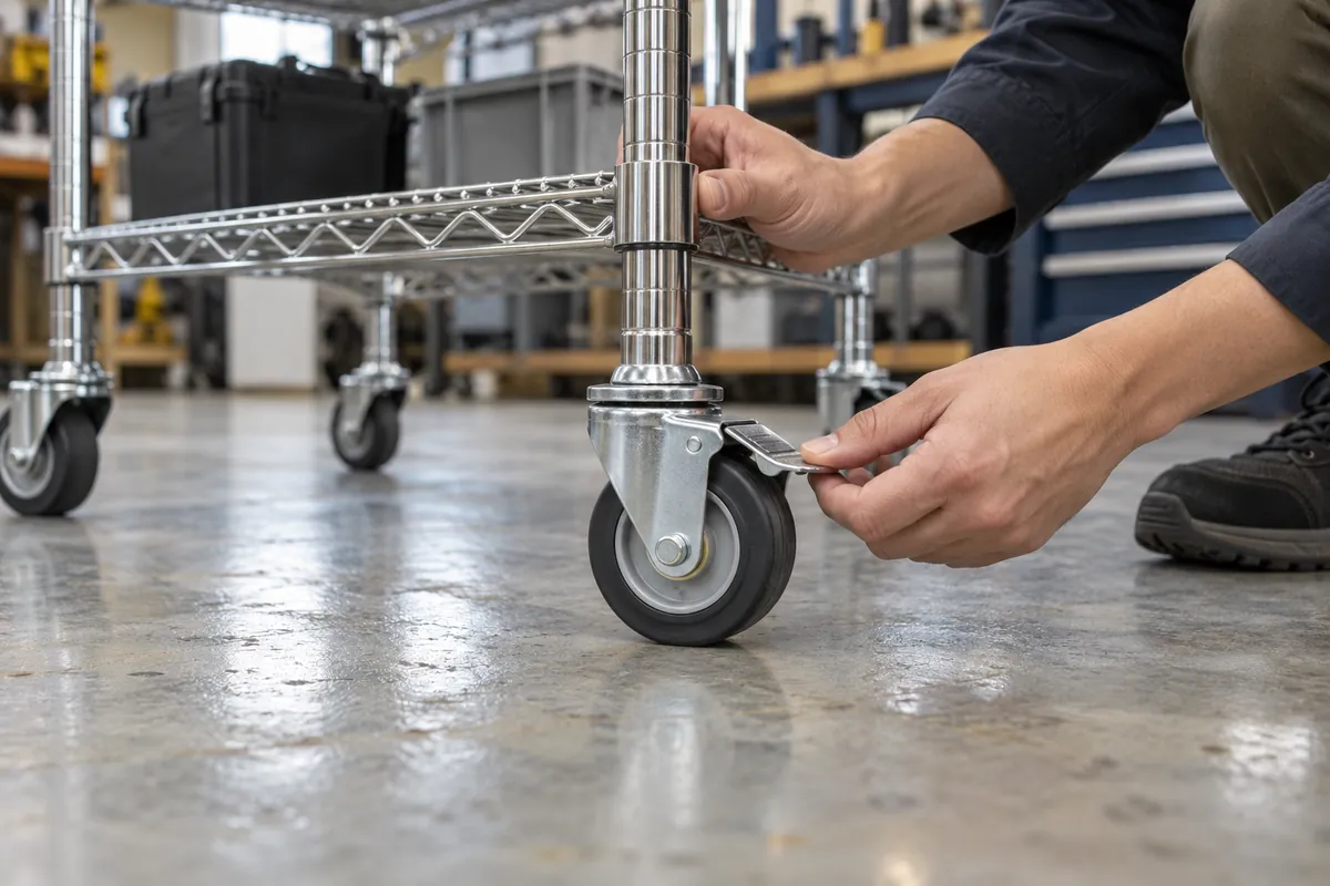 Buyer checking wheel and swivel locking on a storage trolley caster sample.