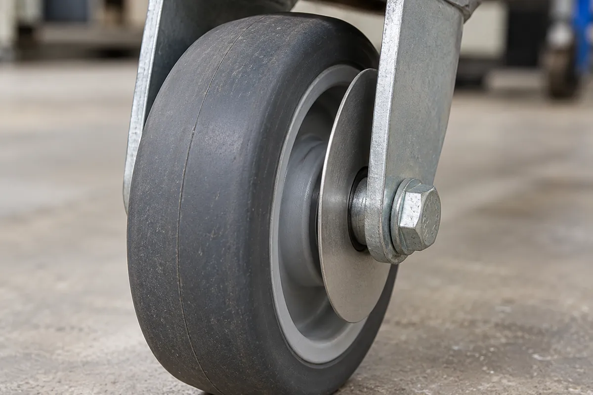 Close-up showing thread-guard placement beside a caster wheel hub.