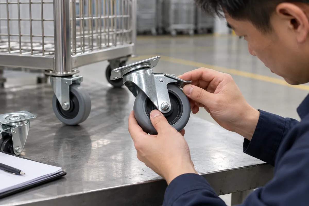 Buyer reviewing caster guard clearance and wheel-hub access on a sample.