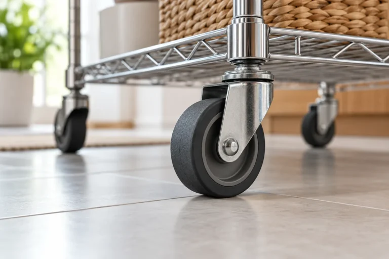 Storage rack caster tread shown against a clean tile floor.