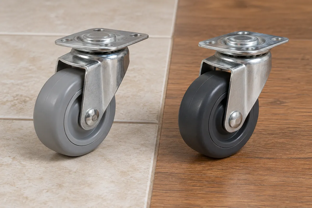 Caster tread surfaces and contact areas beside tile and wood flooring samples.