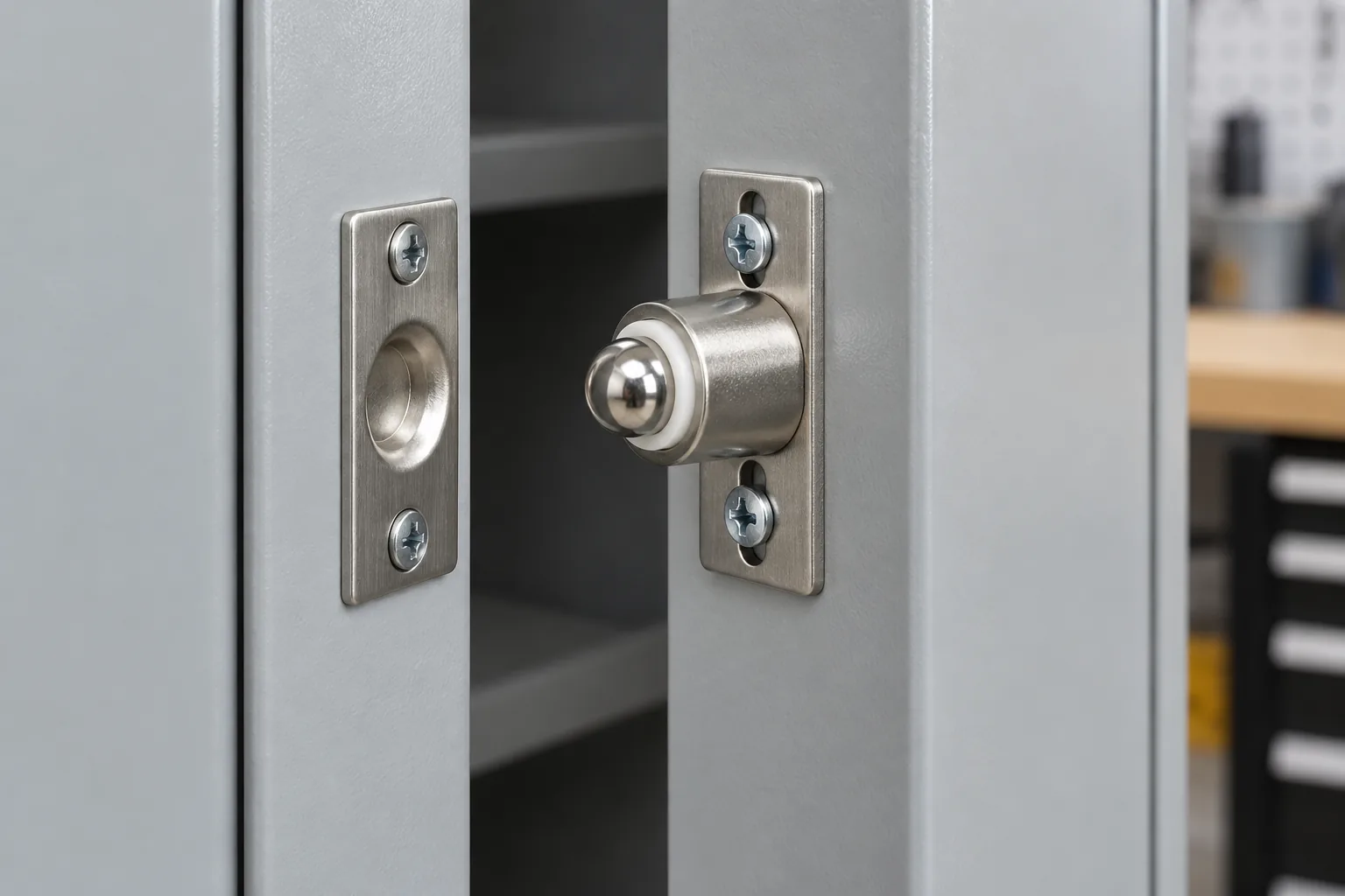 adjustable spring ball catch and strike plate for a cabinet door reviewed for strike alignment, spring adjustment, closure force, sample variation