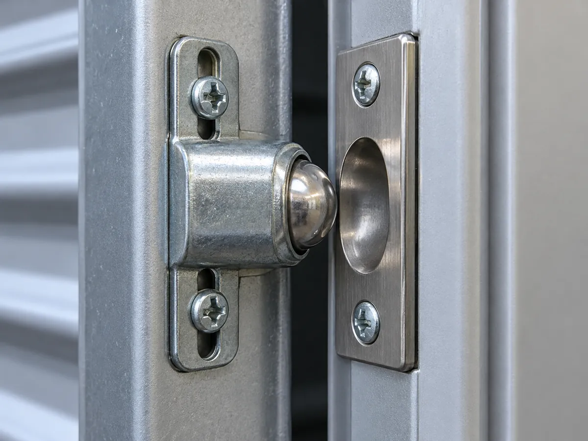 adjustable spring ball catch and strike plate for a cabinet door reviewed for strike alignment, spring adjustment, closure force, sample variation