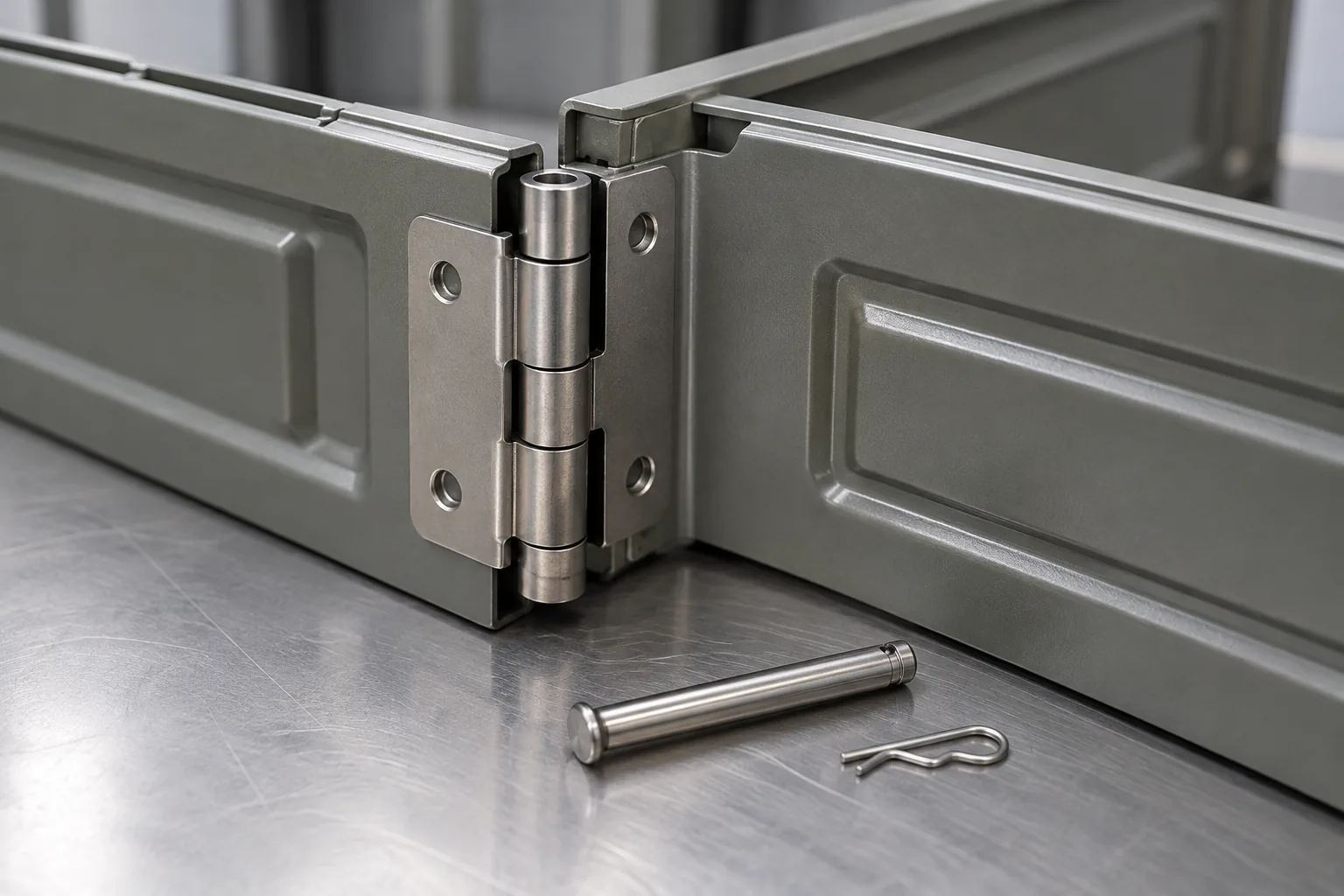 removable hinge pin and folding metal storage panel hinge reviewed for pin access, retention feature, removal path, loaded assembly