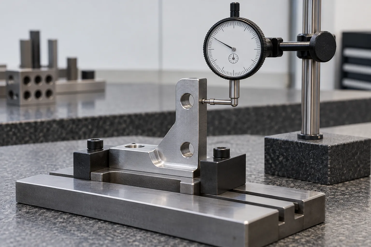 dial indicator probe aligned to a metal storage hardware measurement surface reviewed for probe alignment, measurement direction, cosine error, setup repeatability