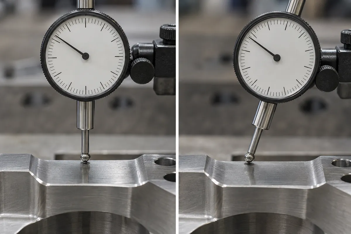 dial indicator probe aligned to a metal storage hardware measurement surface reviewed for probe alignment, measurement direction, cosine error, setup repeatability
