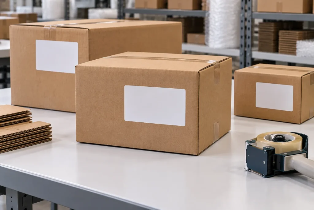 shipping labels applied to corrugated hardware cartons reviewed for application temperature, service temperature, carton surface, supplier adhesive data