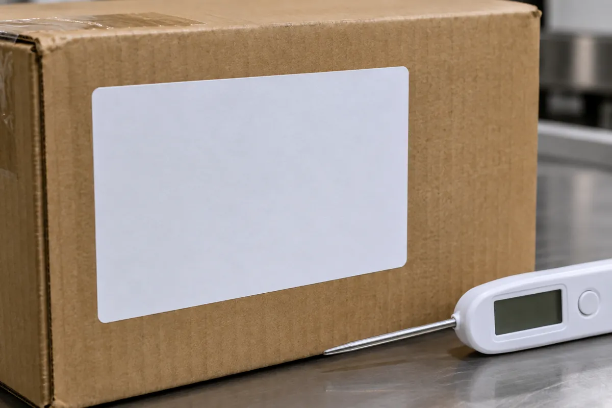 shipping labels applied to corrugated hardware cartons reviewed for application temperature, service temperature, carton surface, supplier adhesive data