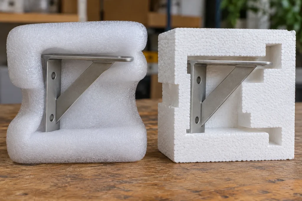 protective foam inserts holding a decorative metal shelf component for supplier qualification and buyer review