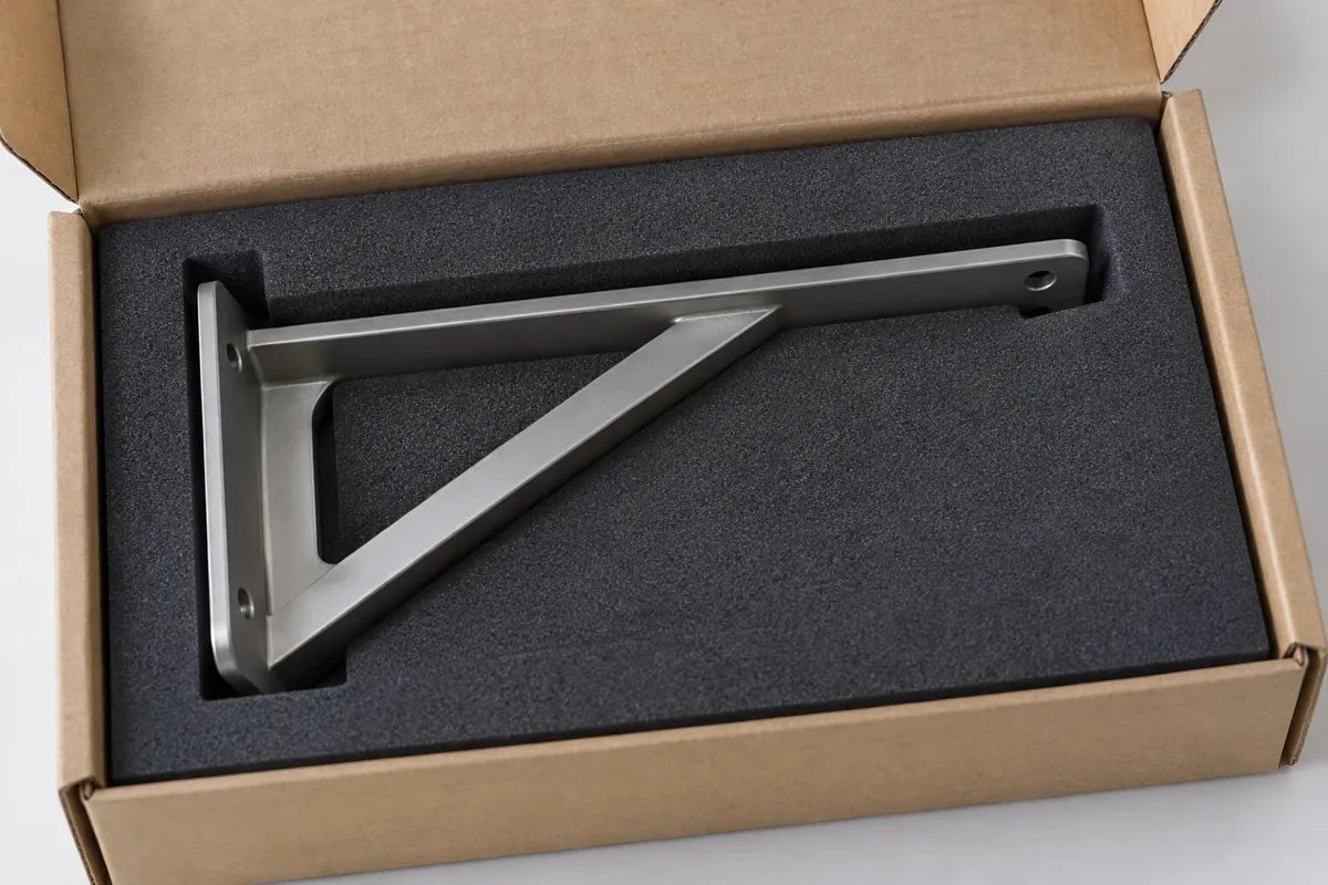 protective foam inserts holding a decorative metal shelf component for supplier qualification and buyer review