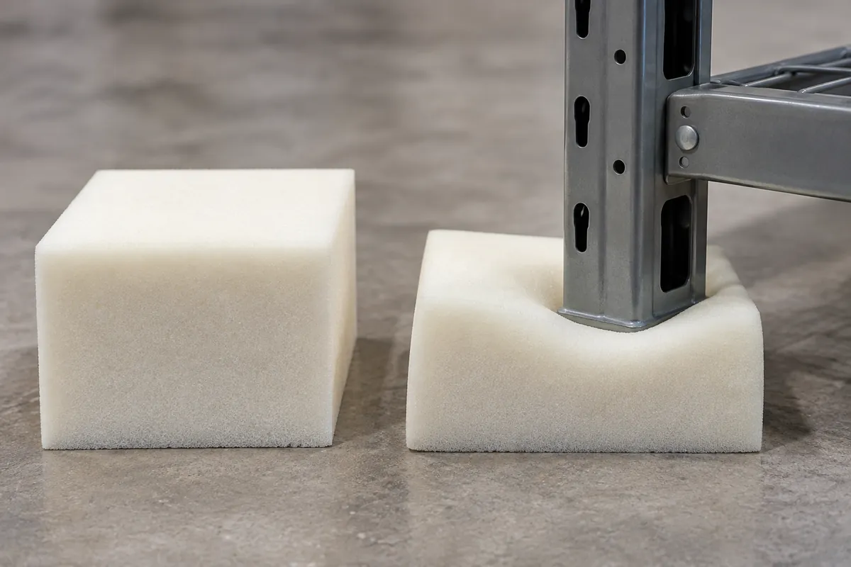 foam cushioning under a metal storage rack component inside carton for supplier qualification and buyer review