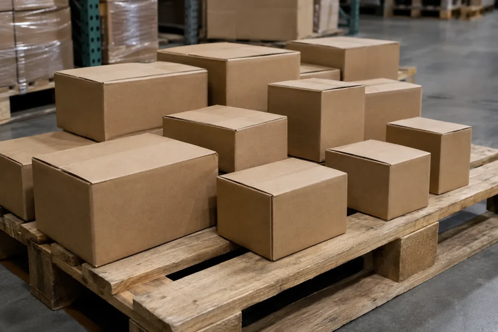 small hardware cartons supported on a pallet deck for supplier qualification and buyer review