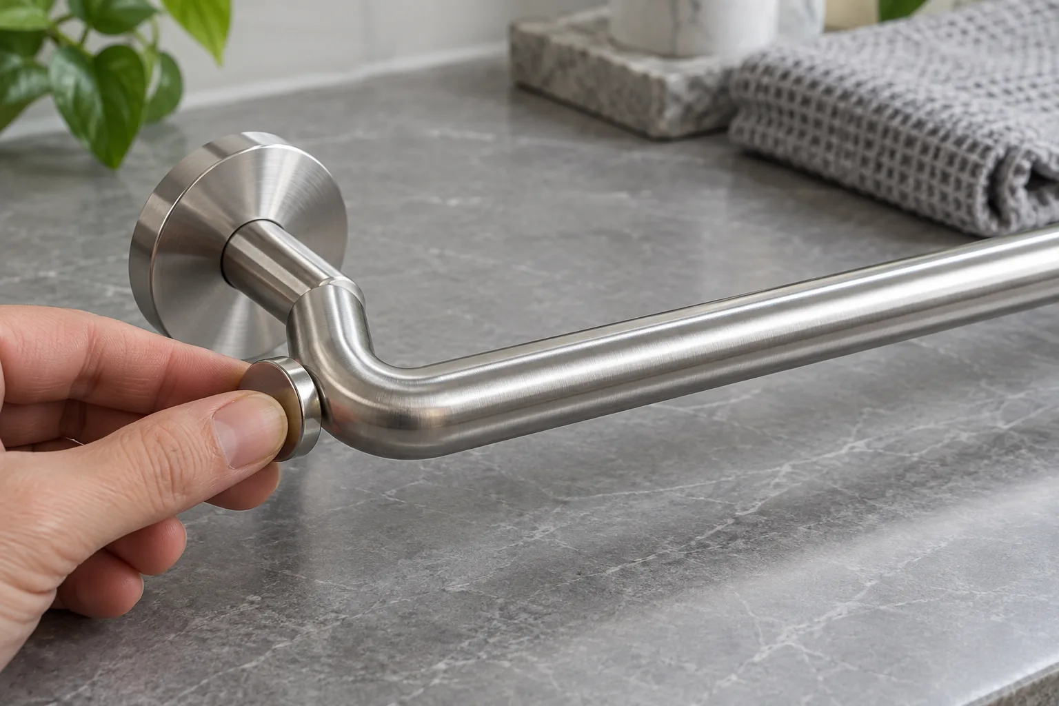 formed stainless towel bar with a small magnet showing mild attraction after bending