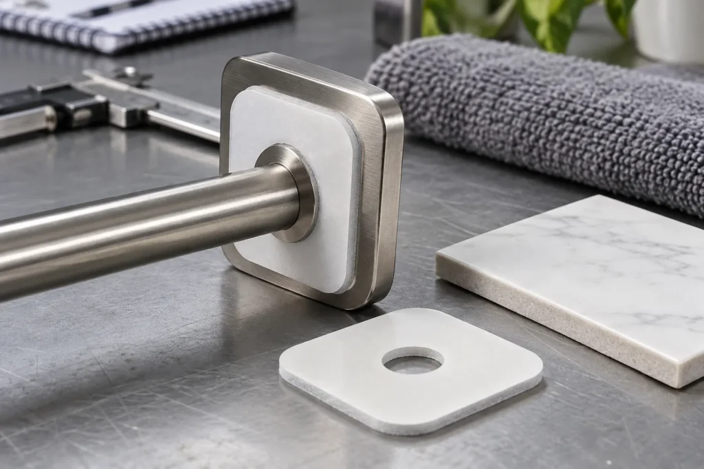 adhesive-backed bathroom mounting pad pressed onto smooth tile