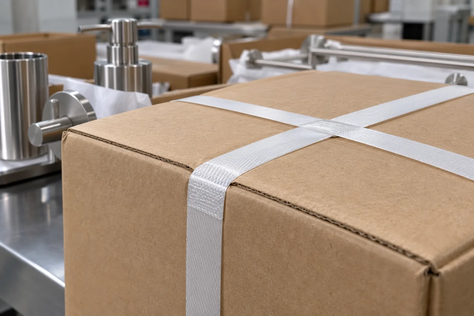 overlapping plastic strapping friction-weld joint securing a hardware export carton
