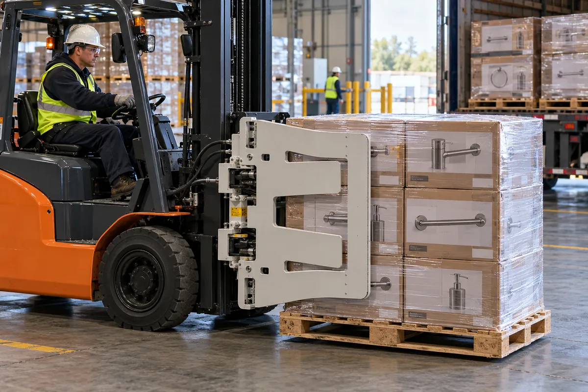 protective boards and carton contact areas on a packaged hardware pallet