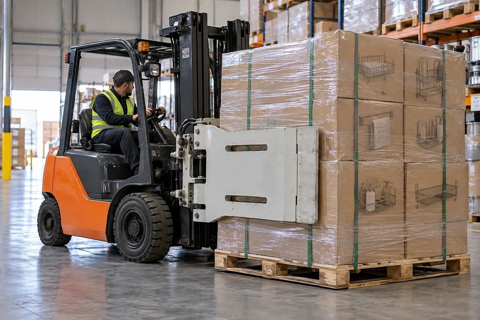pallet of boxed metal bathroom hardware positioned for clamp handling evaluation
