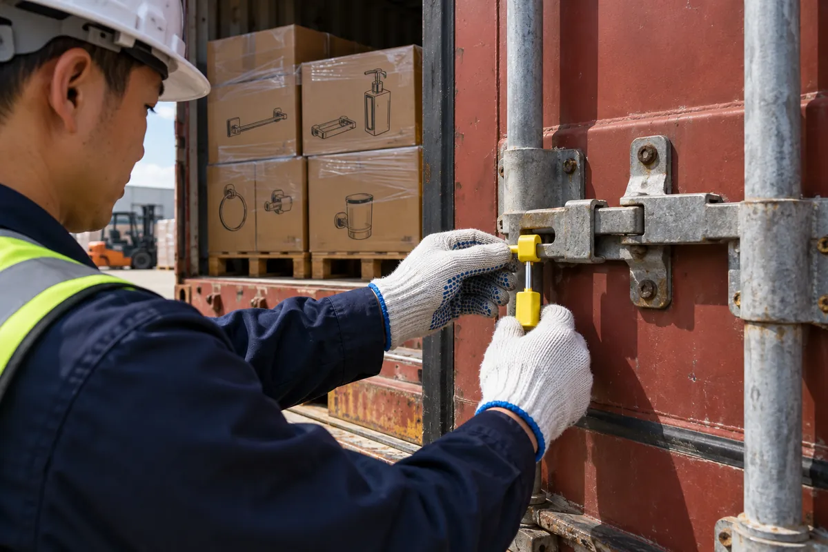 close-up of container seal beside blank shipping-document copy