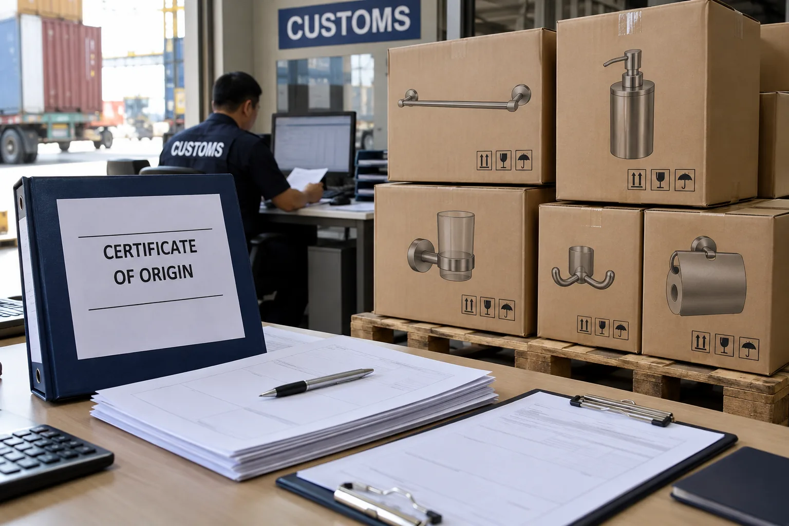 two generic origin-document folders beside hardware carton with no flags