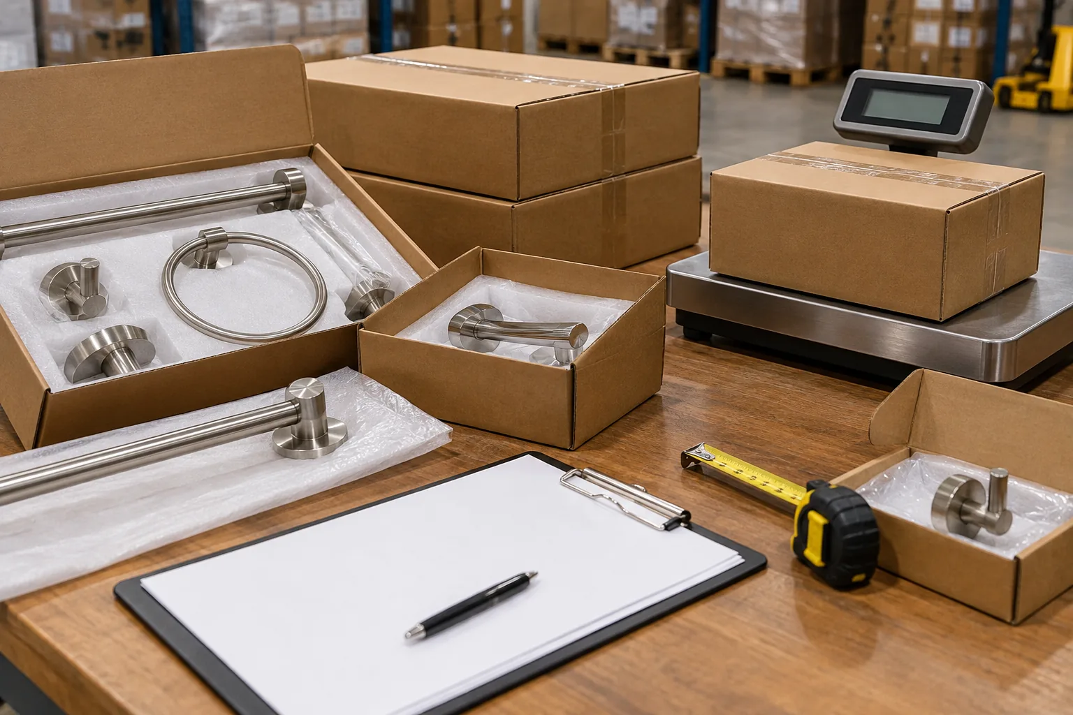 hardware cartons on platform scale beside blank packing list