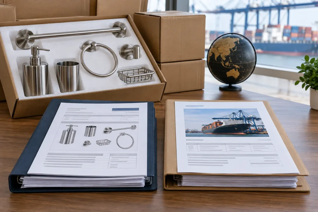 two trade document folders beside hardware shipment carton