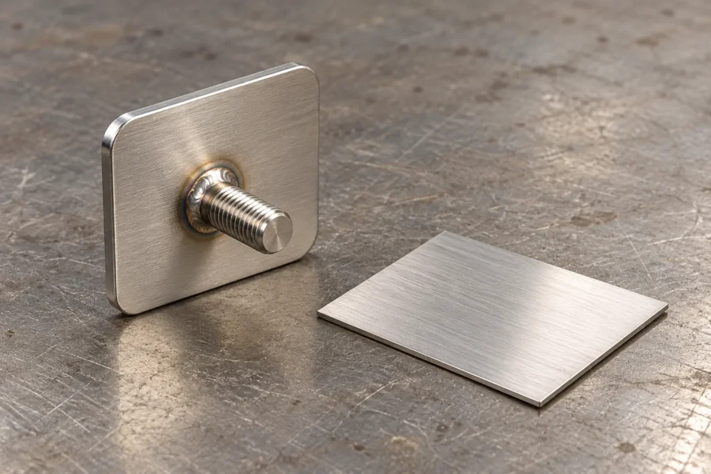 a slim shelf-mounting plate with one small threaded stud welded on its reverse face, alongside an unmarked thin-sheet coupon in a buyer-focused metal hardware sourcing review