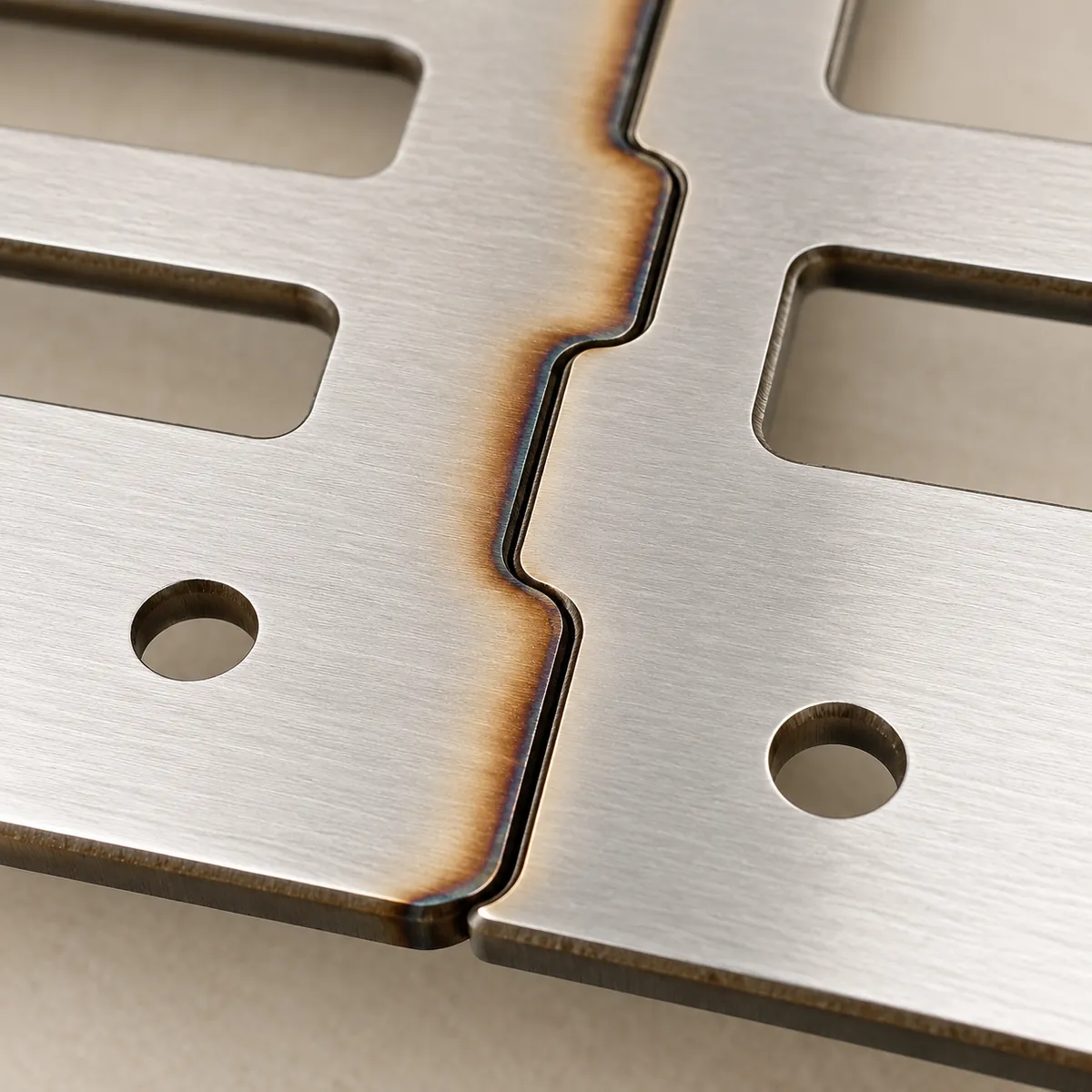 two flat shelf blanks nested edge-to-edge along one shared laser-cut boundary, with subtle heat tint near the cut path in a buyer-focused metal hardware sourcing review