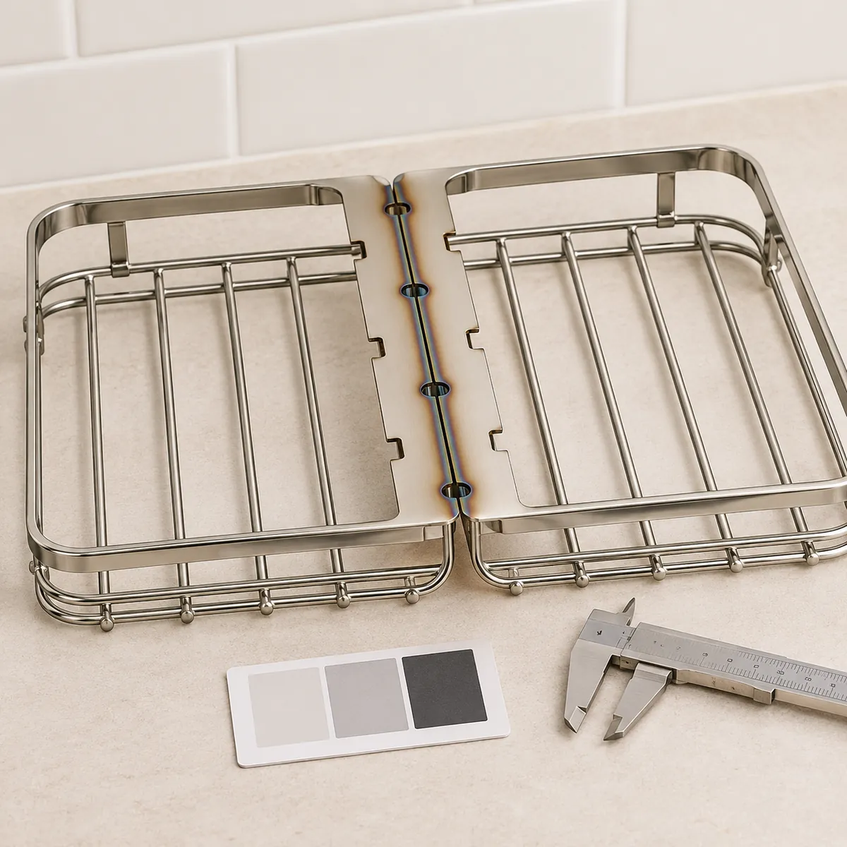 two flat shelf blanks nested edge-to-edge along one shared laser-cut boundary, with subtle heat tint near the cut path in a buyer-focused metal hardware sourcing review
