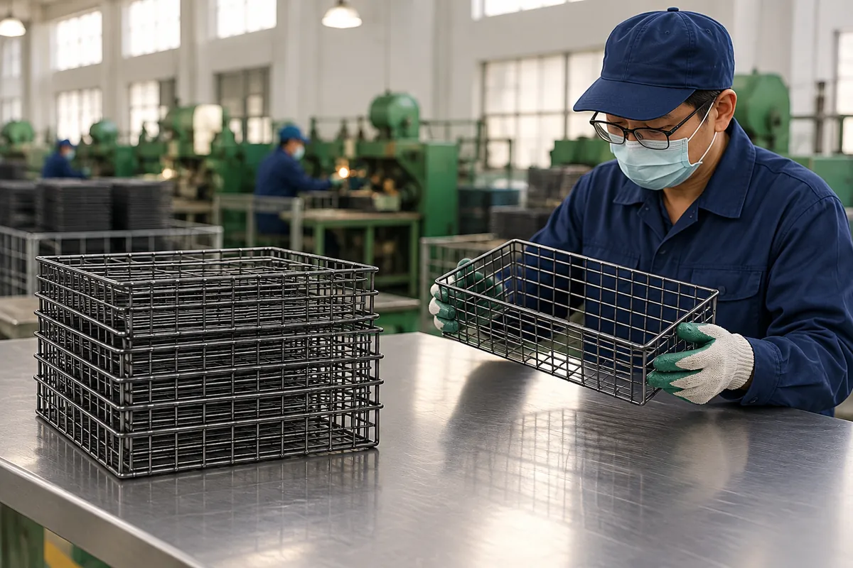a small lot of identical wire-basket brackets with a separate sample under a digital measuring instrument in a buyer-focused metal hardware sourcing review