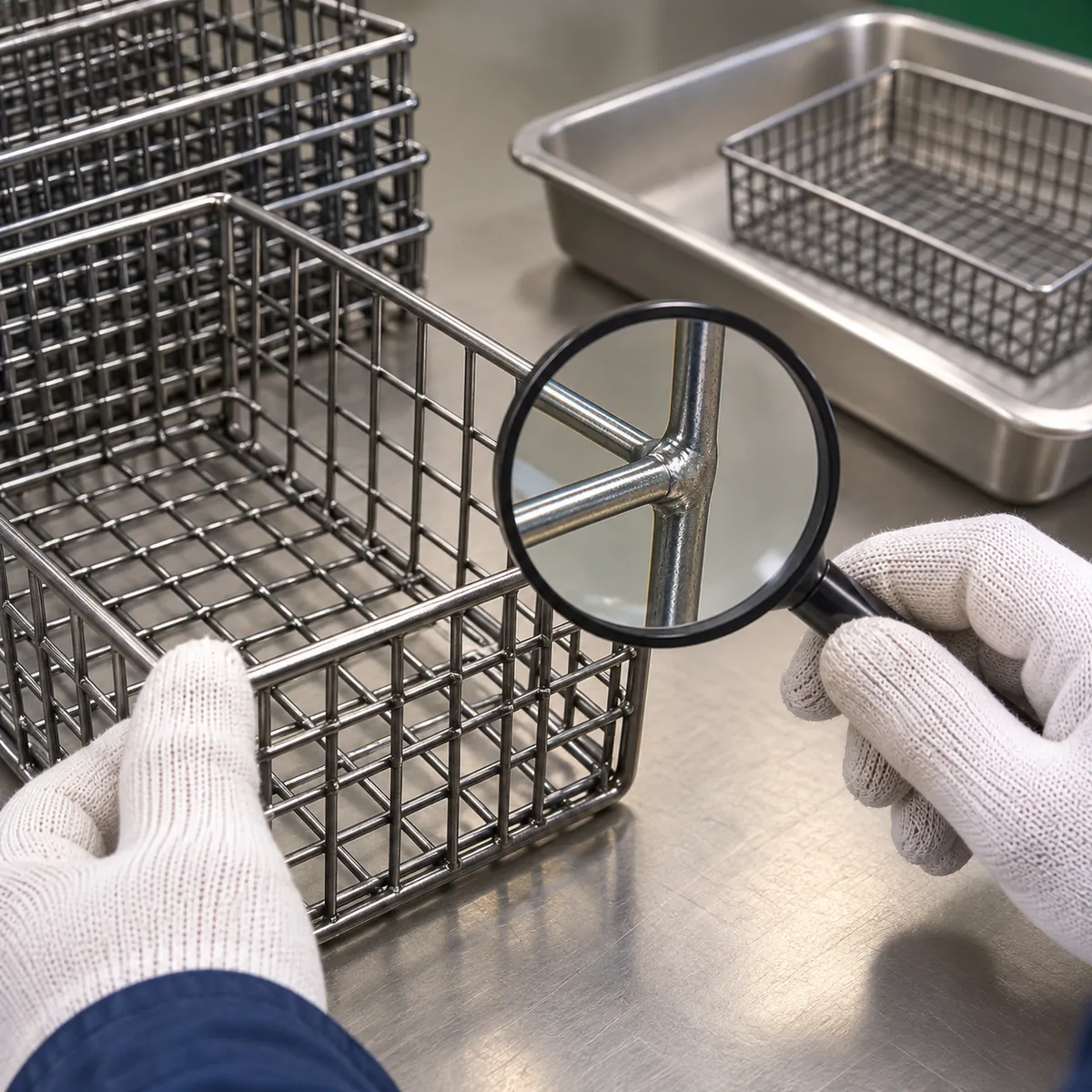 a small metal basket lot arranged beside a neutral sampling tray and a magnifier, no labels or printed charts in a buyer-focused metal hardware sourcing review