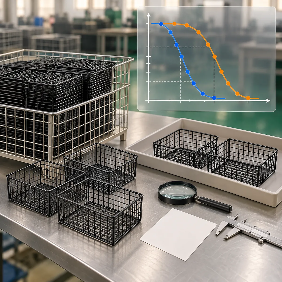a small metal basket lot arranged beside a neutral sampling tray and a magnifier, no labels or printed charts in a buyer-focused metal hardware sourcing review