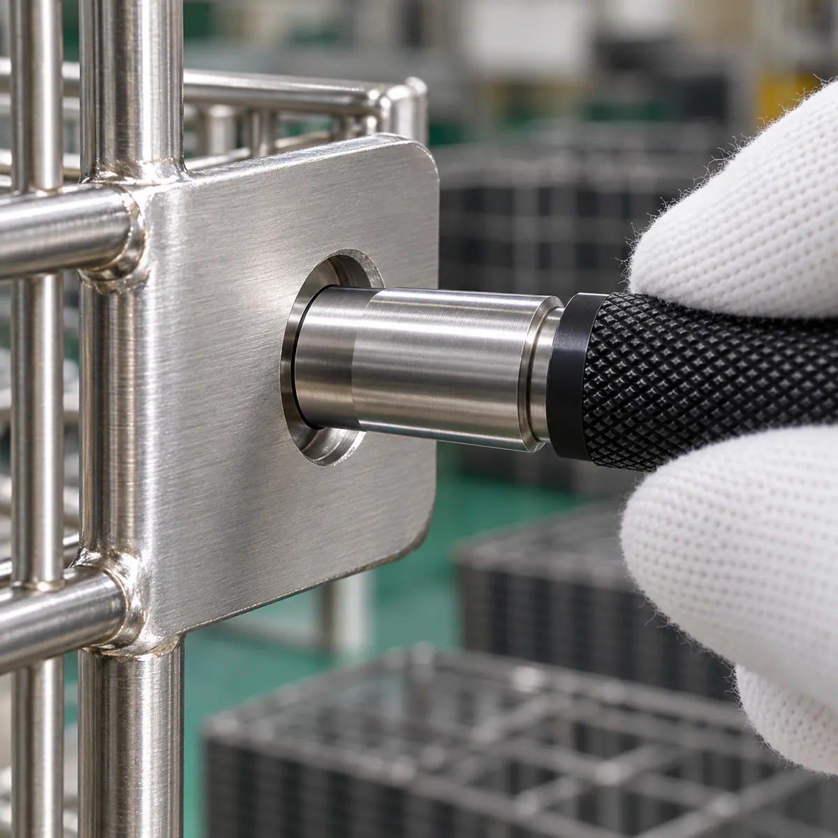 a precision plain plug gauge entering a clean circular hole in a stainless mounting tab in a buyer-focused metal hardware sourcing review