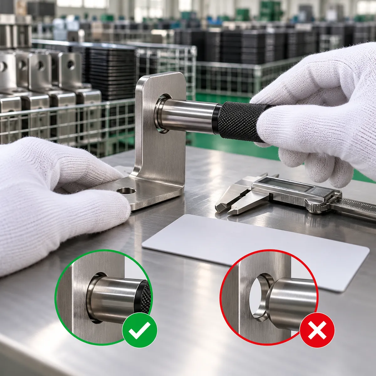 a precision plain plug gauge entering a clean circular hole in a stainless mounting tab in a buyer-focused metal hardware sourcing review
