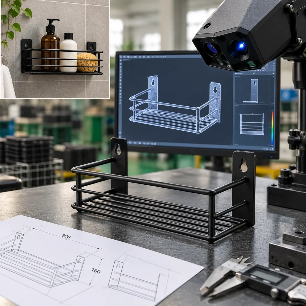 a matte coated metal bracket beside a 3D optical scanner head, with a neutral non-glossy surface in a buyer-focused metal hardware sourcing review