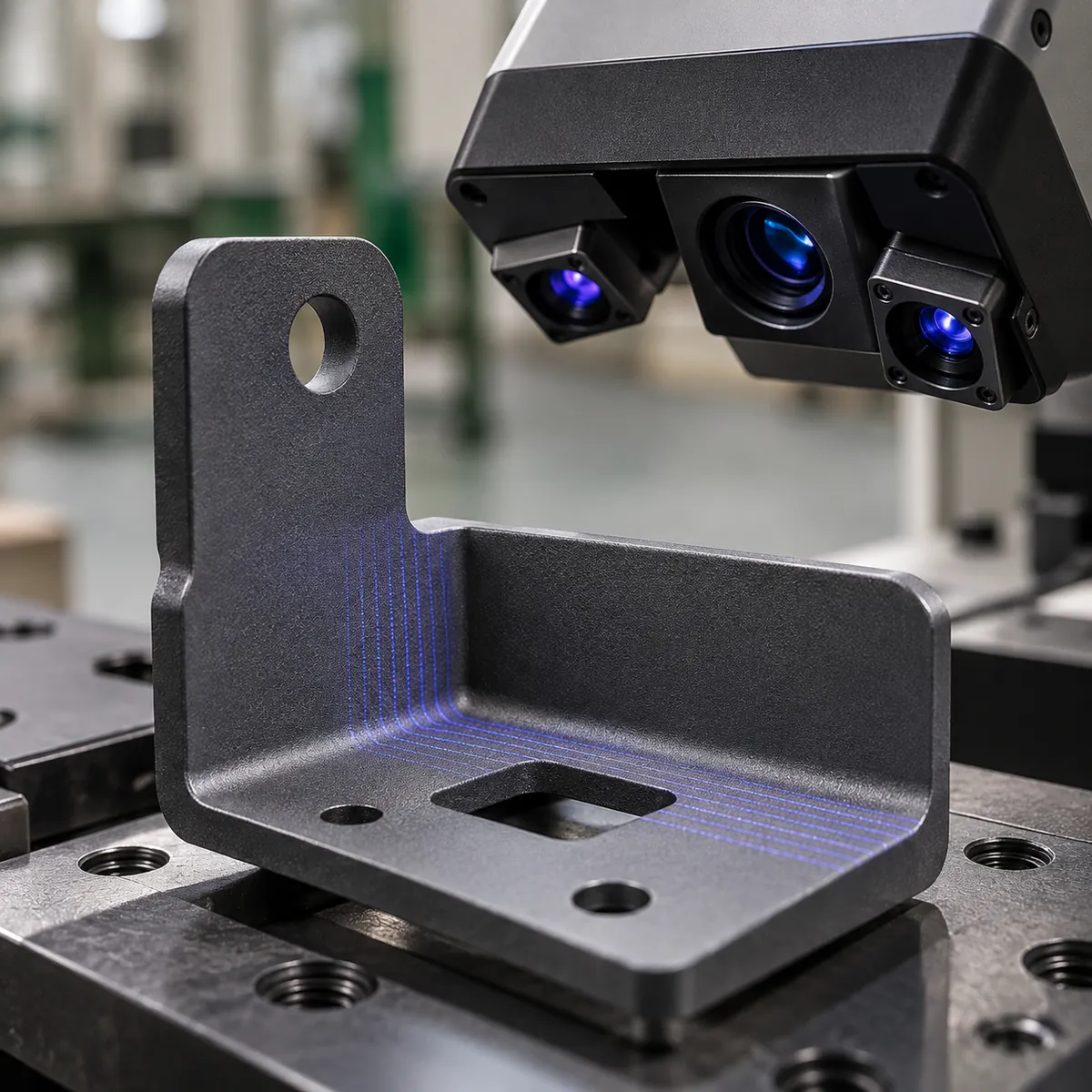 a matte coated metal bracket beside a 3D optical scanner head, with a neutral non-glossy surface in a buyer-focused metal hardware sourcing review