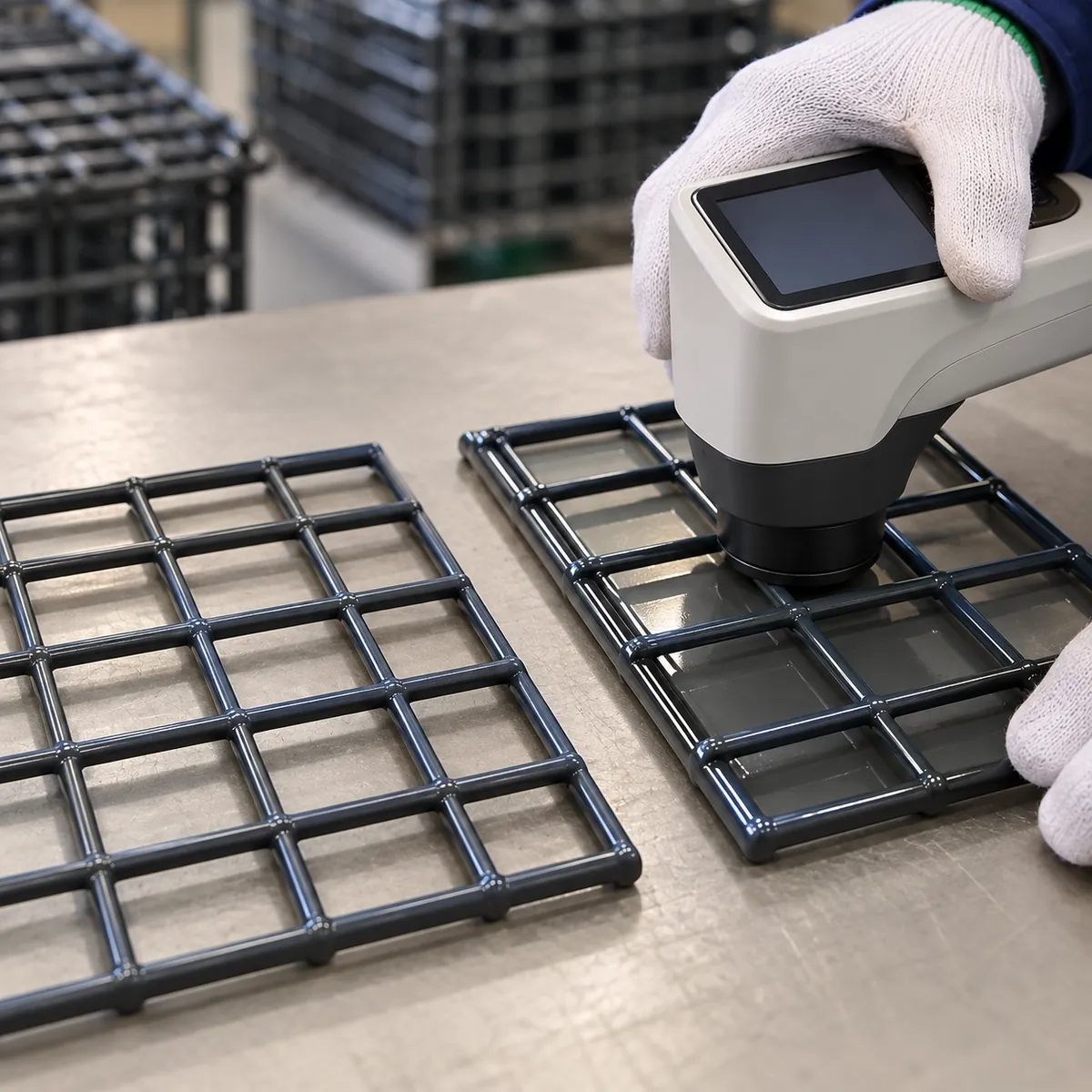 two coated wire hardware coupons with subtly different gloss, beside a handheld colorimeter on a neutral bench in a buyer-focused metal hardware sourcing review